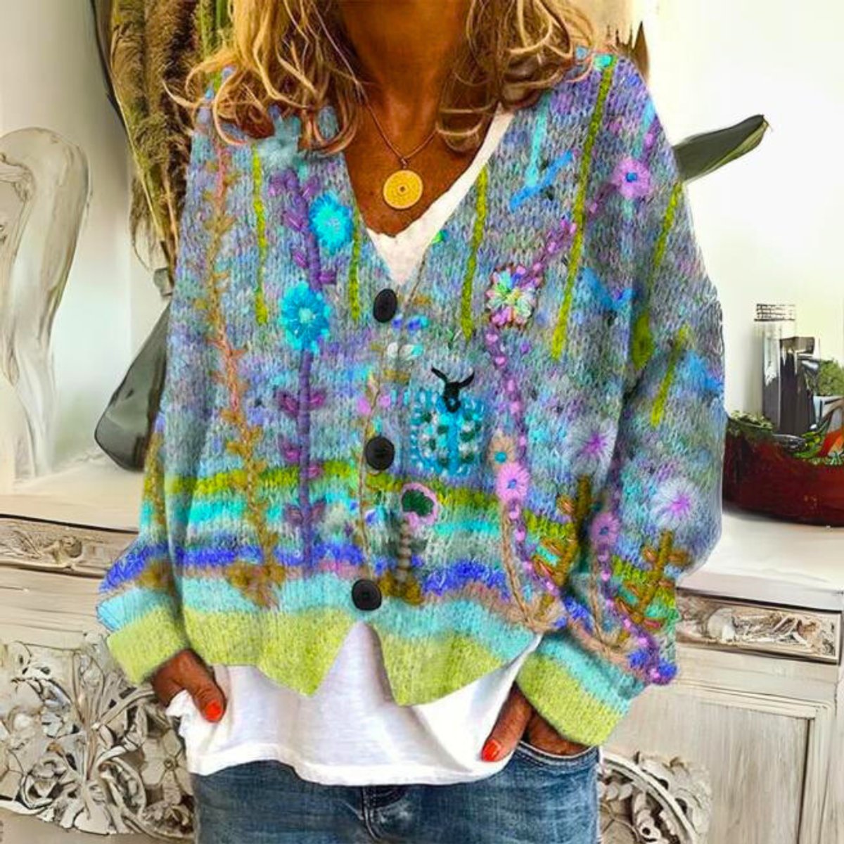 Women's Floral Embroidered Multicolor Button-Front Knit Sweater Cardigan product view