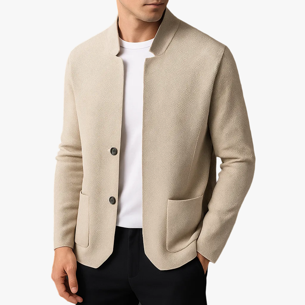 Men's Knit Cardigan with Stand Collar and Patch Pockets product view