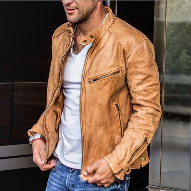 Men's leather jacket with weather-resistant autumn coating – Leandro product view
