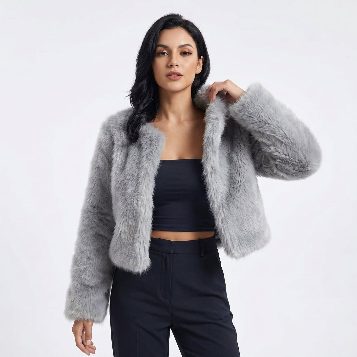 Women's Cropped Faux Fur Cardigan Jacket product view