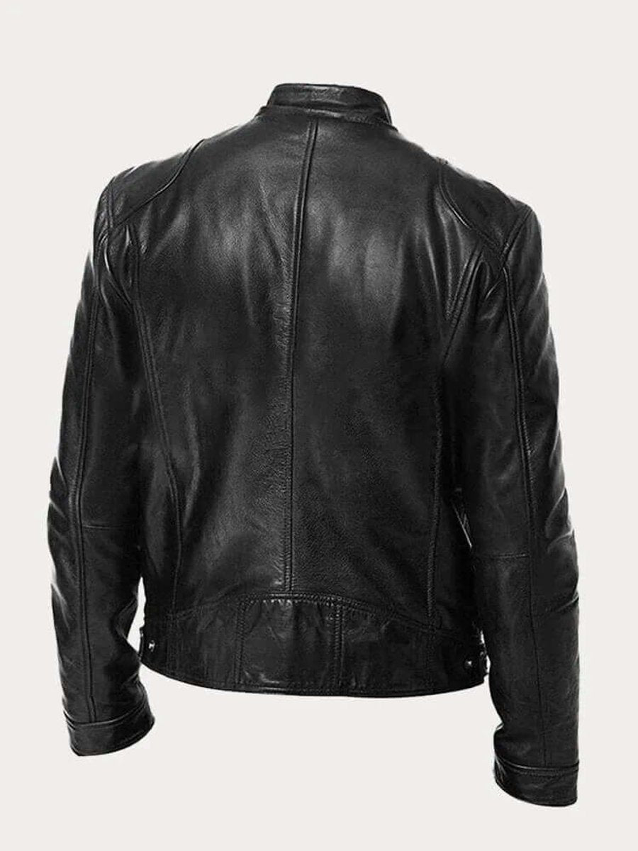 Men's classic leather-look moto jacket with zip front and stand collar