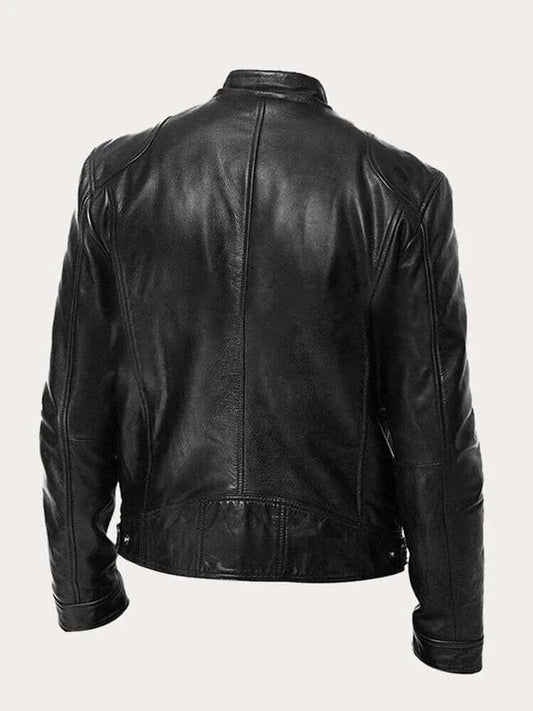 Men's classic leather-look moto jacket with zip front and stand collar