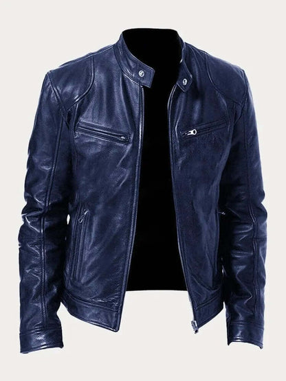 Men's classic leather-look moto jacket with zip front and stand collar