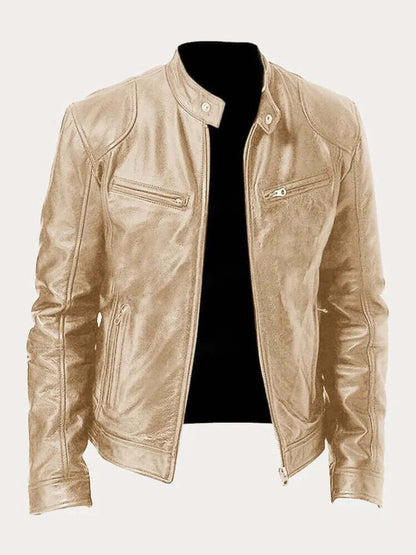 Men's classic leather-look moto jacket with zip front and stand collar
