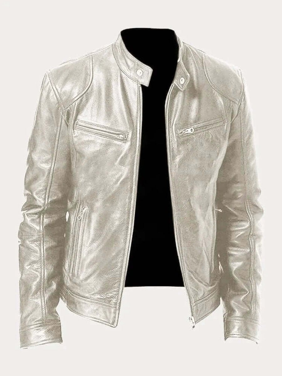 Men's classic leather-look moto jacket with zip front and stand collar