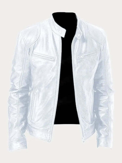 Men's classic leather-look moto jacket with zip front and stand collar