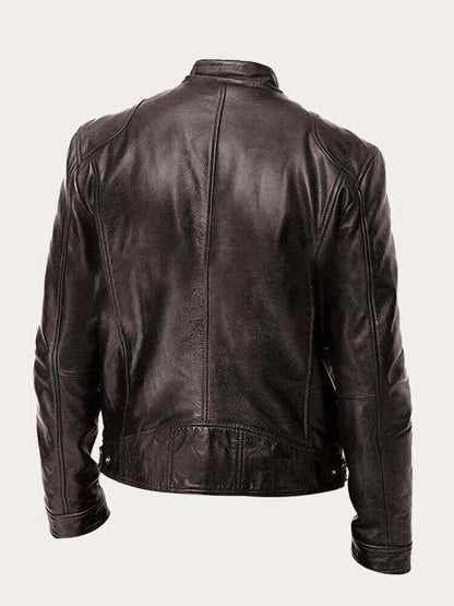 Men's classic leather-look moto jacket with zip front and stand collar