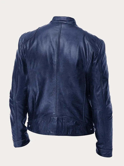 Men's classic leather-look moto jacket with zip front and stand collar