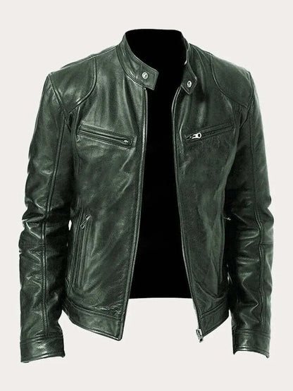 Men's classic leather-look moto jacket with zip front and stand collar