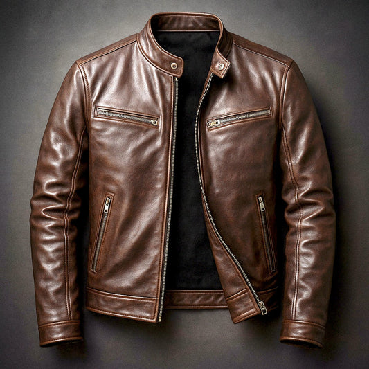 Men's vintage leather-look biker jacket with full zip front