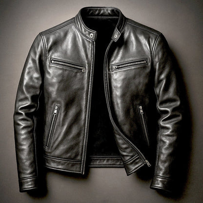 Men's vintage leather-look biker jacket with full zip front