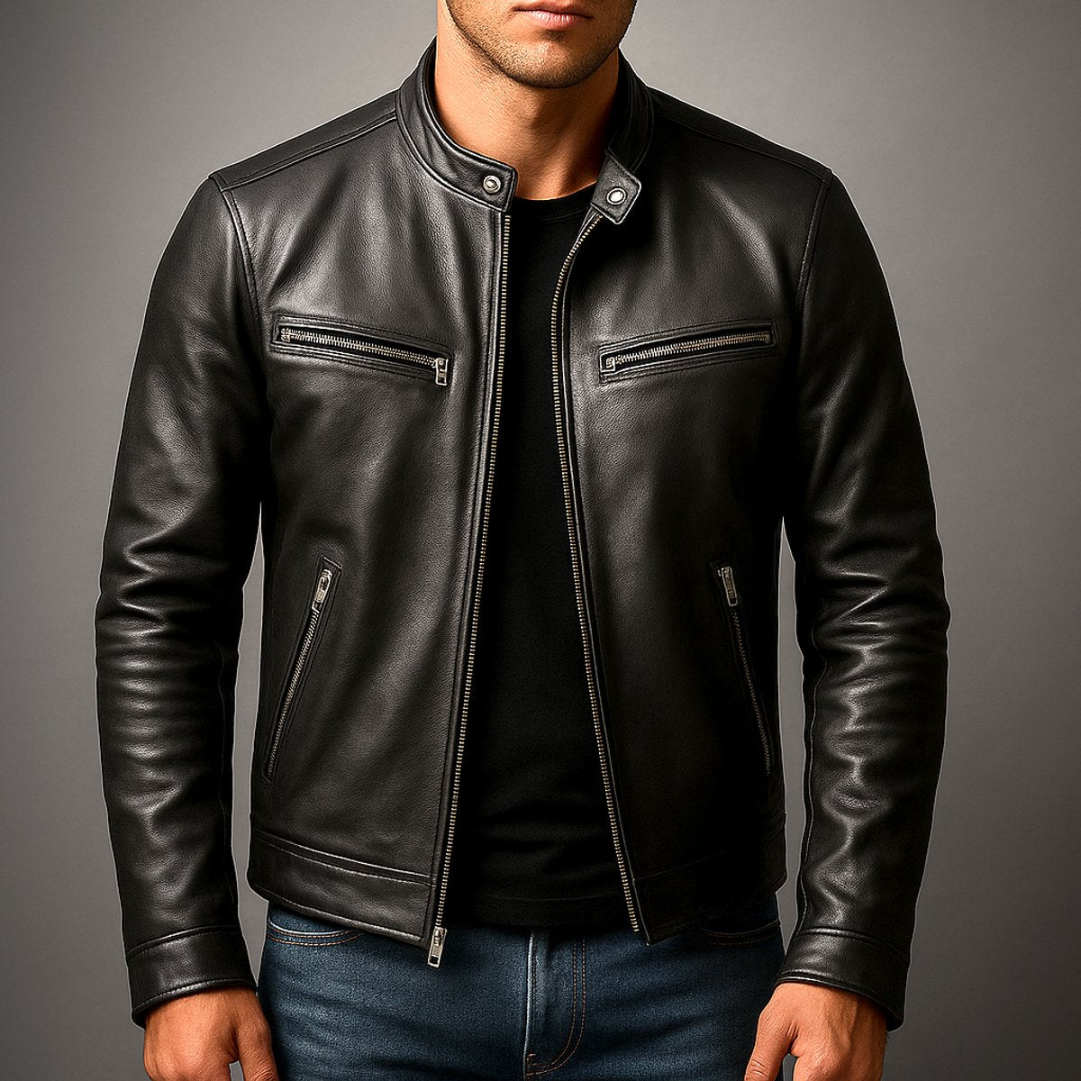 Men's vintage leather-look biker jacket with full zip front