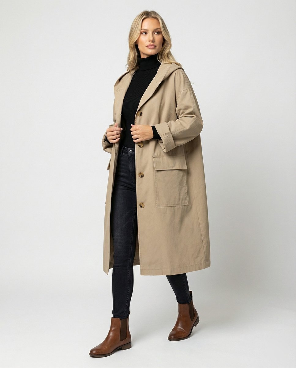 Women's Long Waterproof Hooded Trench Coat product view