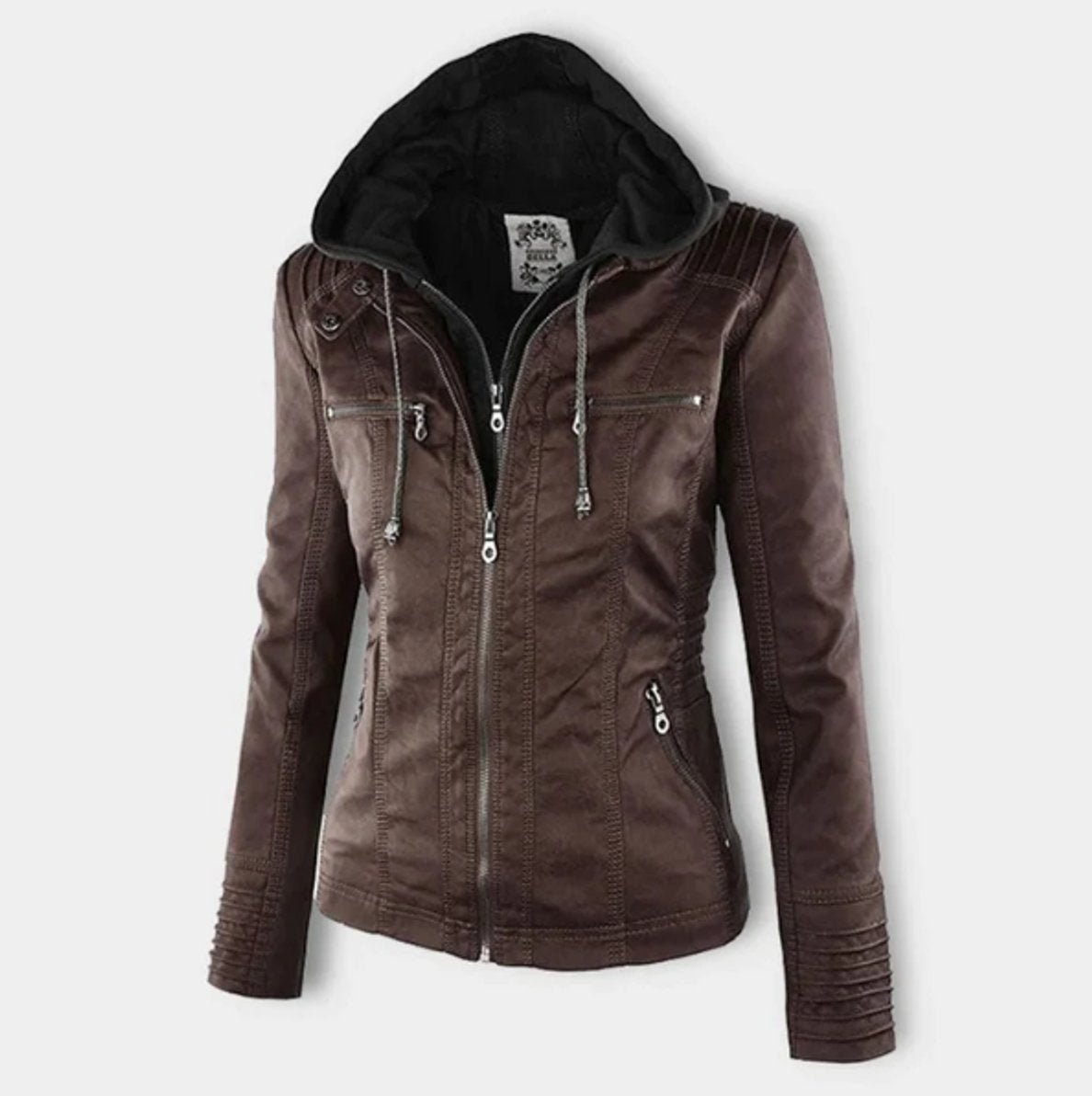 Women's Hooded Faux Leather Moto Jacket Zip-Up product view