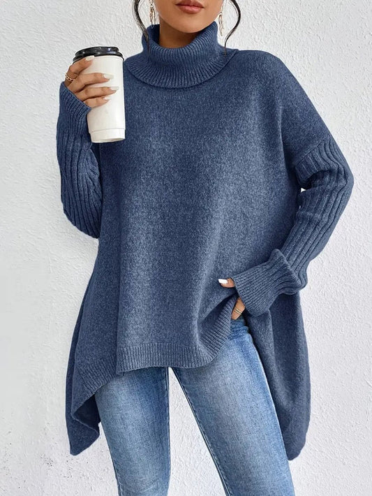Women's Oversized Ribbed-Trim Turtleneck Sweater High-Low Hem product view