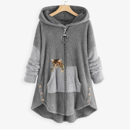 Women's Fleece Zip-Up Hooded Cat Pocket Sweater product view