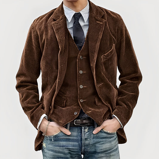 Men's Vintage-Style Corduroy Coat with Notch Lapels and Button Front product view