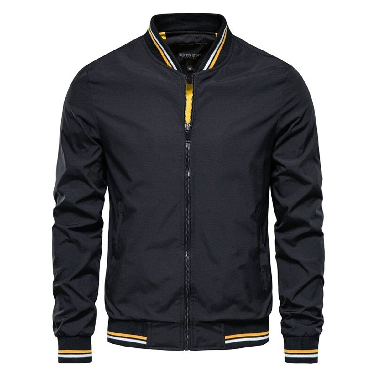 Men's Solid Zip-Up Bomber Jacket Ribbed Collar Cuffs product view