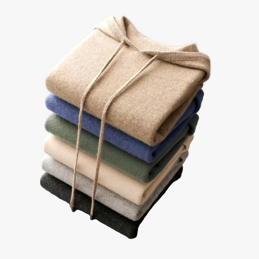 Men's Merino Knit Hoodie With Drawstrings And Ribbed Trim product view