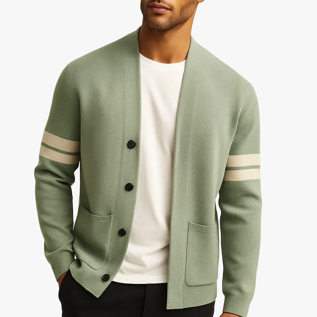 Men's Merino Blend Cardigan with Sleeve Stripes and Patch Pockets product view