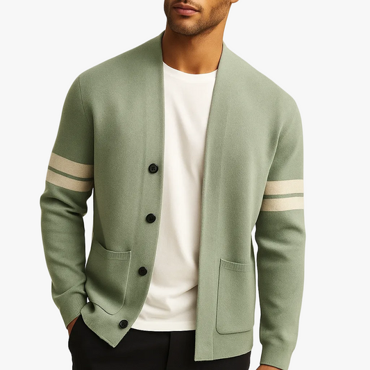 Men's Merino Blend Cardigan with Sleeve Stripes and Patch Pockets product view
