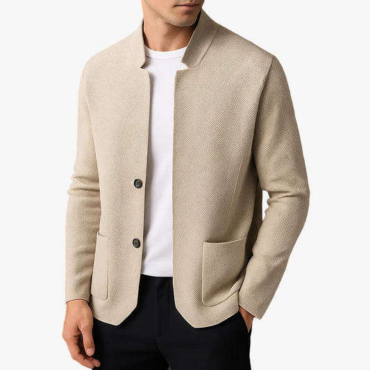 Men's Knit Cardigan with Stand Collar and Patch Pockets product view
