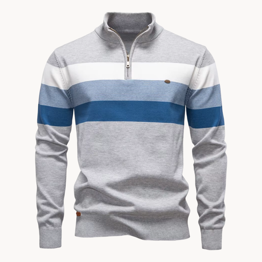 Knit Quarter Zip Sweater with Mock Neck and Stripes product view