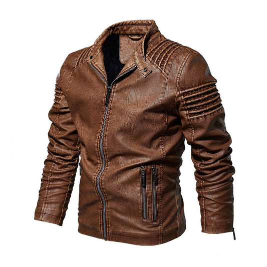 Men's Moto-Style Faux Leather Jacket Ribbed Shoulder product view