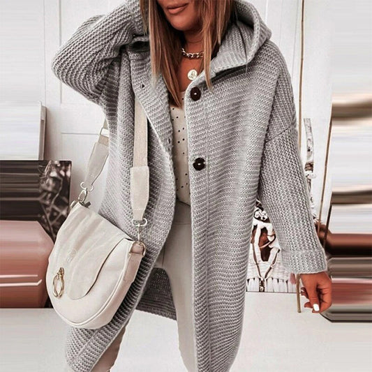 length Knitted Women's Cardigan with Button Closure and Hood - Mila product view