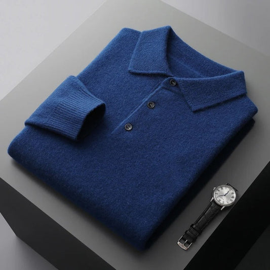 Men's Cashmere Polo Knit Sweater Long Sleeve Button Collar Pullover product view