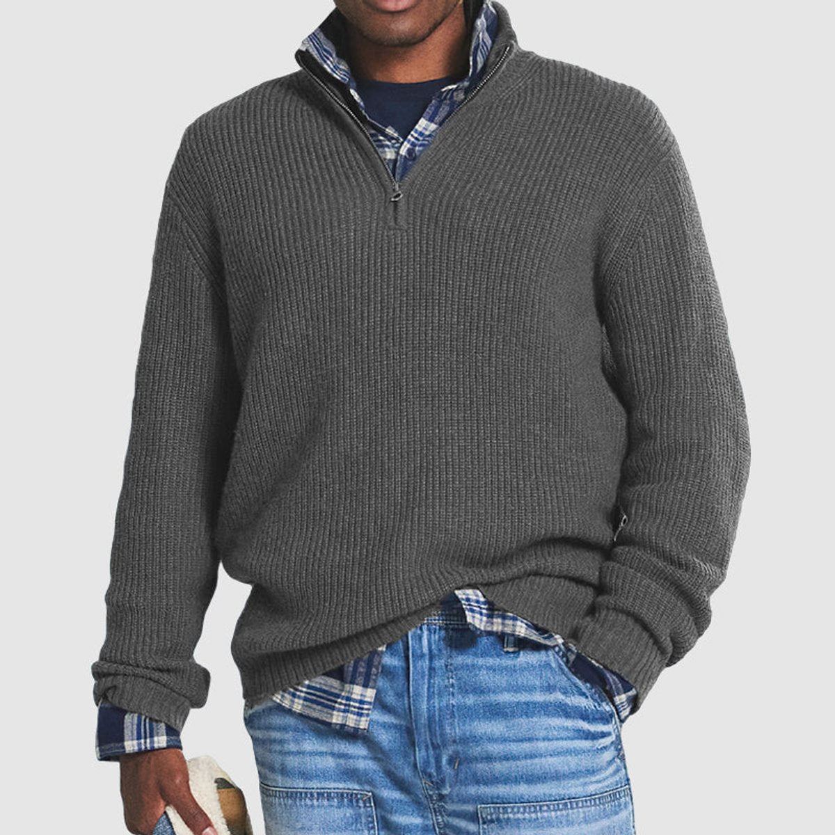 Men's Quarter-Zip Ribbed Knit Sweater Business Casual Pullover product view