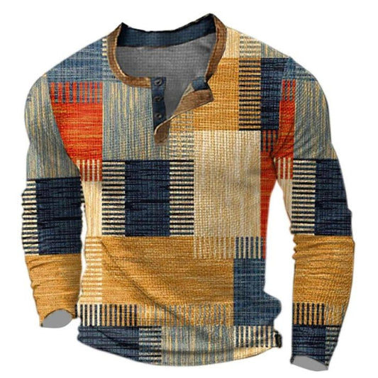 Men's Retro Colorblock Long Sleeve Henley Knit Sweater product view