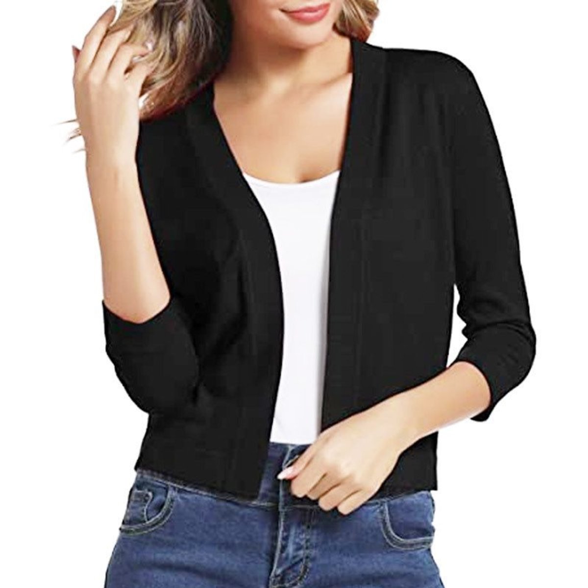 Women's Open-Front 3/4 Sleeve Cropped Cardigan product view