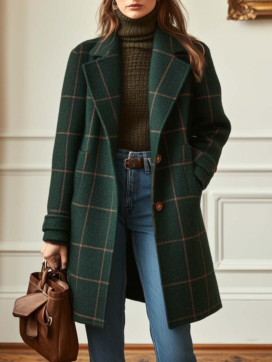Women's retro lapel plaid tweed coat