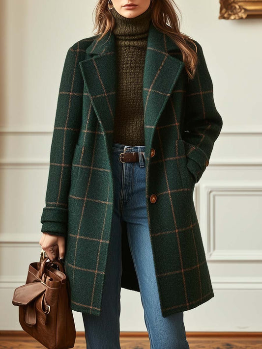 Women's retro lapel plaid tweed coat