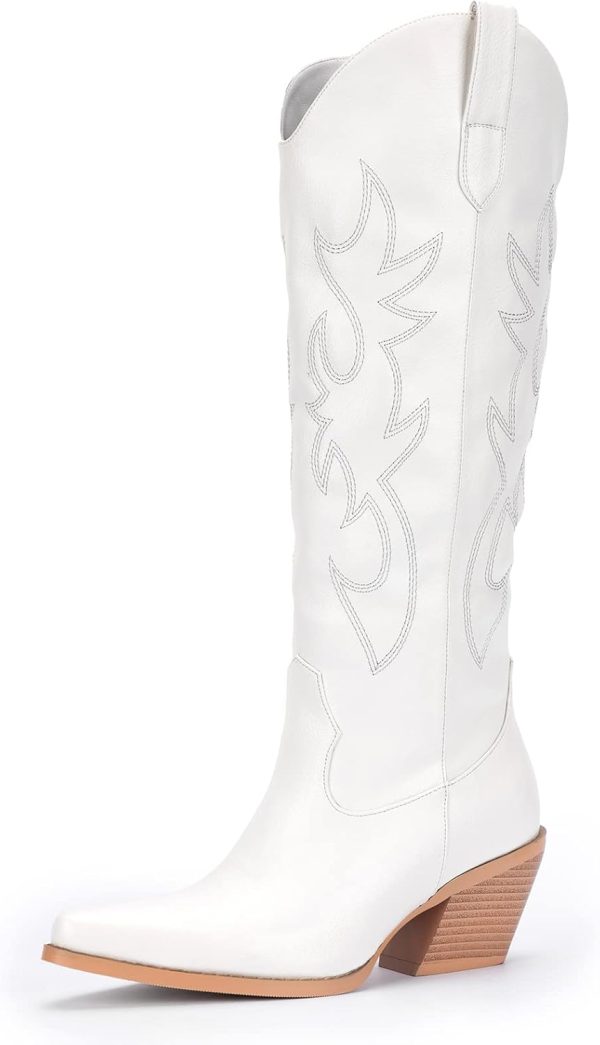Western Cowboy Boots for Women - Knee High Wide Calf Cowgirl Boots with Classic Embroidered, Slip On Pointed Toe Chunky Heel Fashion Retro Classic Pull On Tall Boot for Girls Ladies Fall Winter
