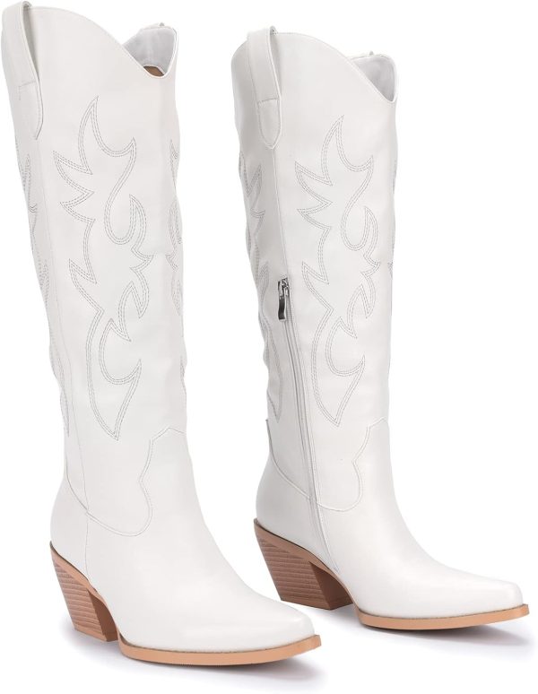 Western Cowboy Boots for Women - Knee High Wide Calf Cowgirl Boots with Classic Embroidered, Slip On Pointed Toe Chunky Heel Fashion Retro Classic Pull On Tall Boot for Girls Ladies Fall Winter - Image 4