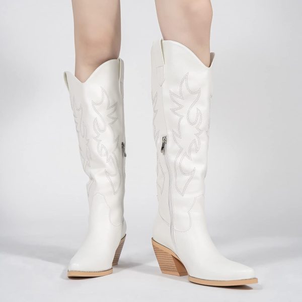 Western Cowboy Boots for Women - Knee High Wide Calf Cowgirl Boots with Classic Embroidered, Slip On Pointed Toe Chunky Heel Fashion Retro Classic Pull On Tall Boot for Girls Ladies Fall Winter - Image 7